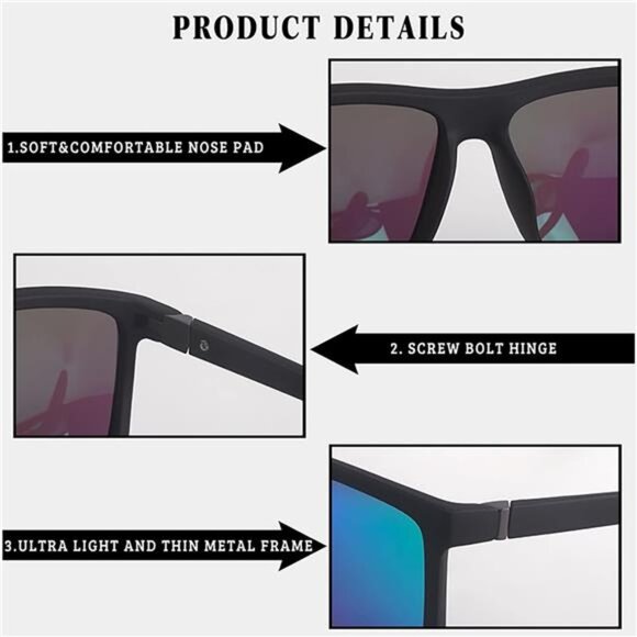Mens Polarized Sunglasses Square Frame UV400 Classic Outdoor Driving Fishing Sha - Picture 5 of 7